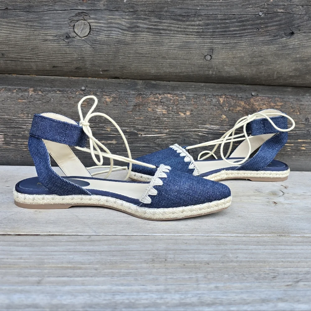 Nine West NEW Unah Coastal Mediterranean Denim Pointy Toe Flat Sandal 6.5M